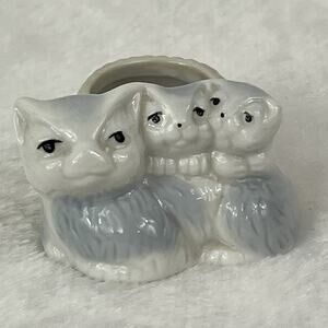 Vtg Porcelain Cat Family Toothpick Holder Gloss Glaze Figurine 2" Japan Style